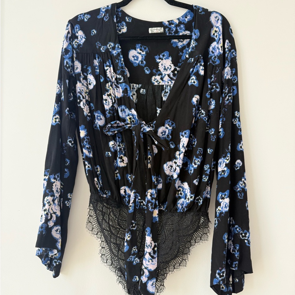 Free People Black and Blue Floral Bodysuit